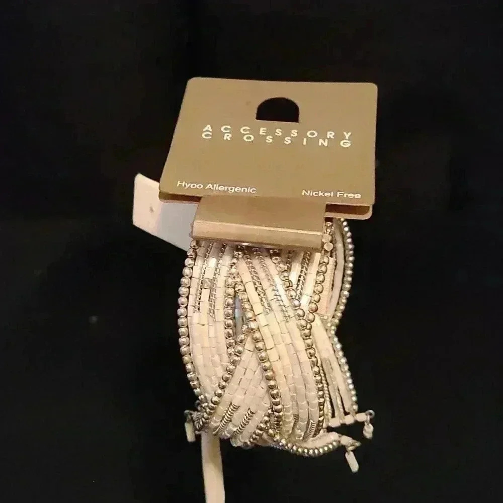 Accessory Crossing white bead and silver tone bracelet #bundlefive